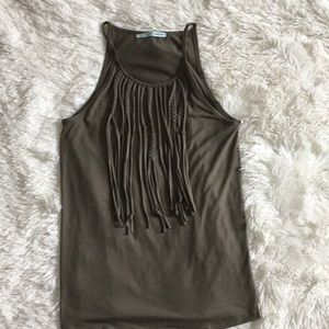 Olive green tank top with fringe detail